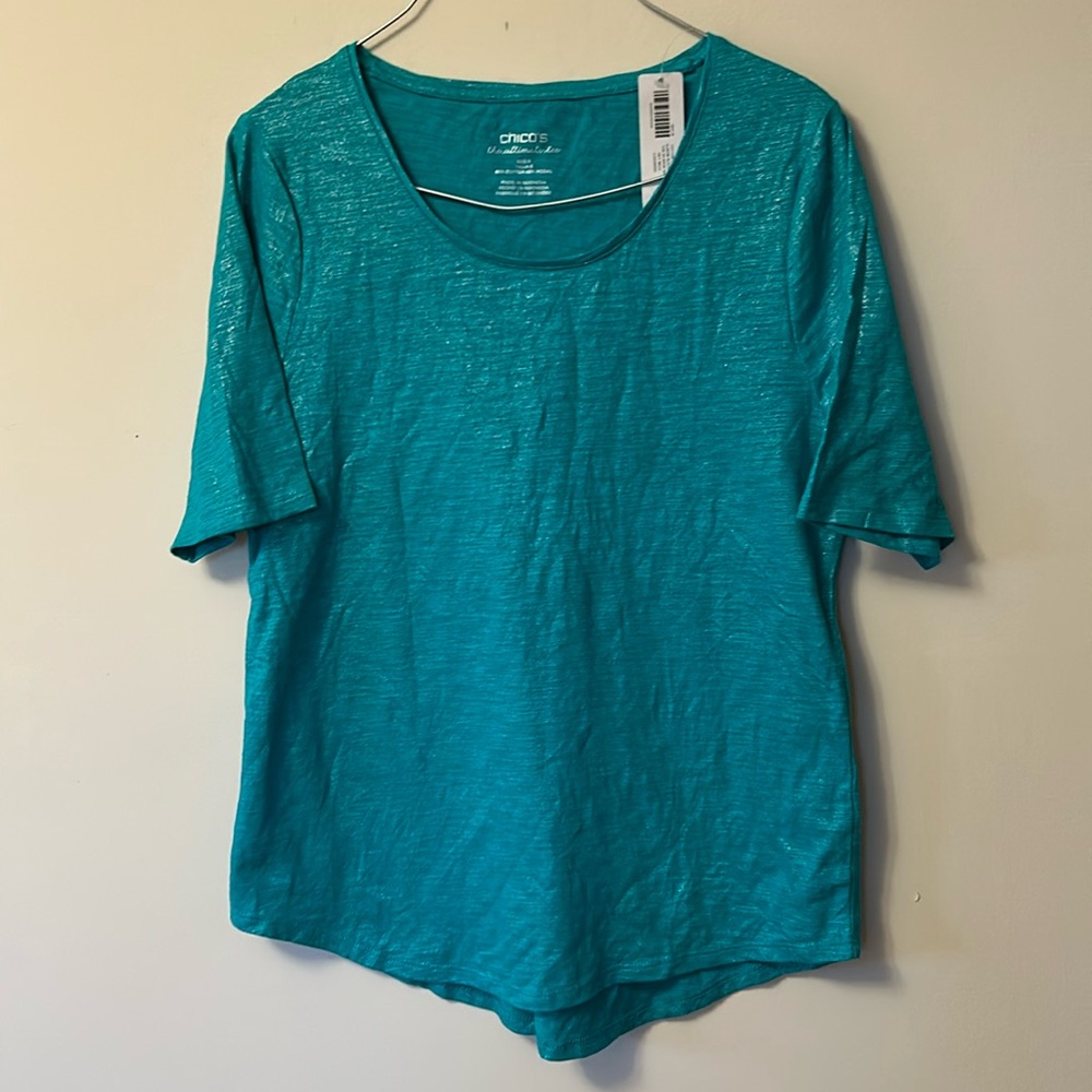 Chico’s t-shirt sparkly green short sleeve round hemline size chico O new/tag